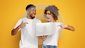 Cheerful millennial black man and woman pointing at laptop