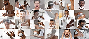 Cheerful millennial multiethnic men brush teeth, apply cream and deodorant, enjoy daily routines, shave