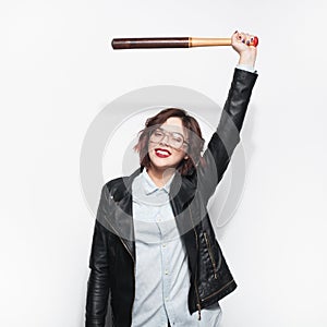 Cheerful model with batt on white