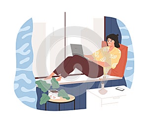 Cheerful modern woman working remotely lying on comfy windowsill vector flat illustration. Freelancer female use laptop