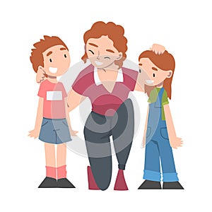 Cheerful Mom Hugging her Little Daughter and Son with Tenderness, Maternity Love Concept Cartoon Style Vector