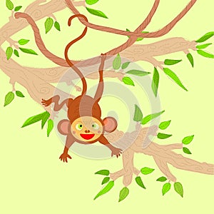 Cheerful monkey hanging on a tree branch. Children`s design. Hand-drawn  illustration. Isolated drawing.