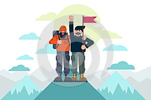 Cheerful mountaineers with flag celebrating success after reaching mountain top together. Success concept vector