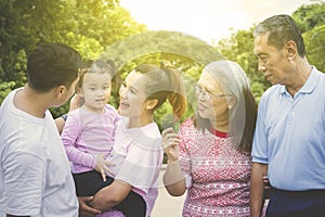 Cheerful multi generation family chatting in park