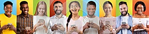 Cheerful Multiethnic People Browsing Social Media On Smartphones Over Colorful Backgrounds