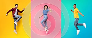 Cheerful Multiethnic People Jumping In Air On Colorful Backgrounds