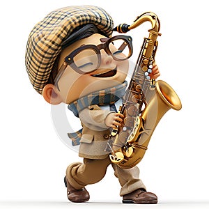 Cheerful musician, saxophonist, 3d illustration on a white background, for advertising and design, creative avatar