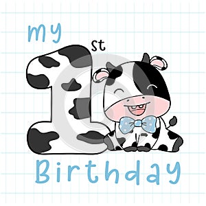 Cheerful my first birthday Cow Boy Toddler with Number 1 Birthday Doodle Cartoon