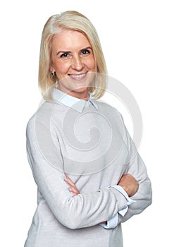 Cheerful old blonde woman in casual clothes