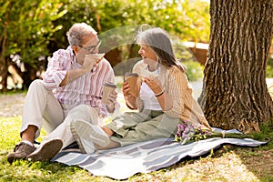 Cheerful old caucasian husband and wife eat sandwich and drink tea, enjoy picnic, lunch together in park