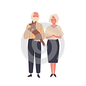 Cheerful old couple flat vector illustration. Aged man and woman, senior adults standing together cartoon characters