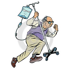 Cheerful old man runs with a dropper. age stereotype ageism