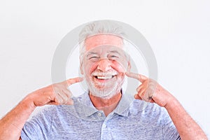 Cheerful old senior man portrait - mature people smile and have fun with white clear background - studio shot of white hair