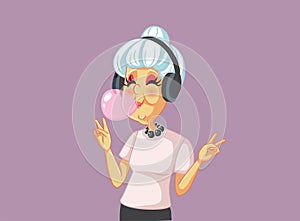 Cool Grandmother Chewing Bubble Gum Listening to Music photo