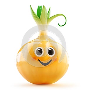 Cheerful onion character with sprouting green shoots and a friendly smile photo