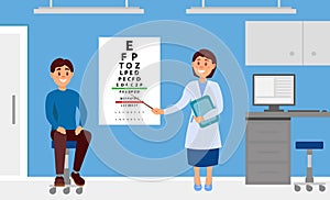 Cheerful ophthalmologist doctor checking eyesight of patient using eye test chart. Consultation and vision treatment in