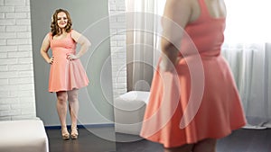 Cheerful overweight young lady smiling at her reflection, body positivity photo