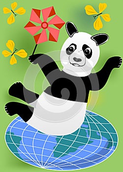 Cheerful panda with vane practicing pilates on the globe