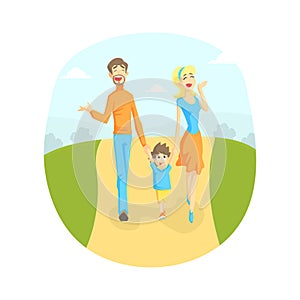 Cheerful Parents and Their Toddler Baby Walking in Park Outdoor, Mother, Father and Son Holding Hands, Happy Family