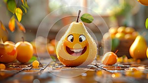 happy fruit illustration, cheerful pear character with a wide grin, a delightful and exuberant fruit drawing photo