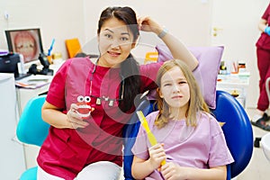 Cheerful pediatric dentist with a patient. training in proper brushing