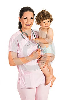 Cheerful pediatrician wth toddler