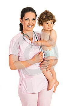 Cheerful pediatrician wth toddler photo