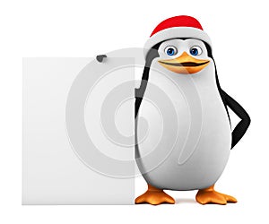 The cheerful penguin holds an empty board on a white background. 3d render illustration