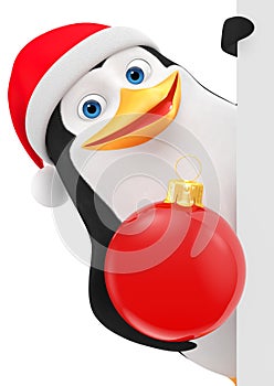 Cheerful penguin in a red hat and a Christmas ball and an empty board. 3D rendering illustration. New Year