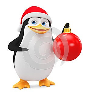 Cheerful penguin in a red hat and a Christmas ball on a white background. 3D rendering illustration. New Year