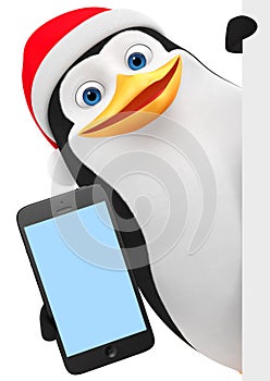 Cheerful penguin in a red hat with a phone and an empty board. 3D rendering illustration. New Year