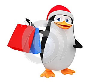 Cheerful penguin in a red hat and shopping on a white background. 3D rendering illustration. New Year