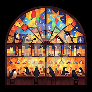 Cheerful Penguins at a Bar - A Fun and Unique Stained Glass Artwork