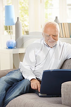 Cheerful pensioner using laptop on couch