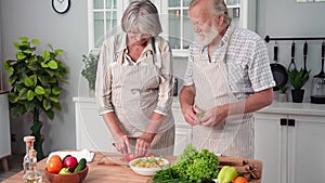 cheerful pensioners man and woman in aprons look after the meals prepare lunch together from fresh ripe vegetables