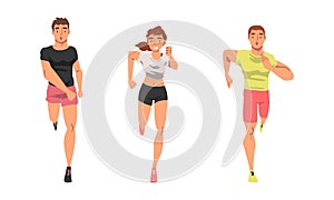 Cheerful People Character Running Marathon or Long-distance Foot Race Vector Set