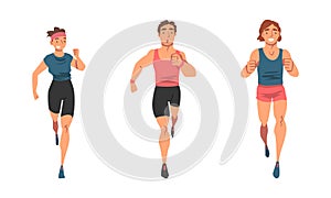 Cheerful People Character Running Marathon or Long-distance Foot Race Vector Set