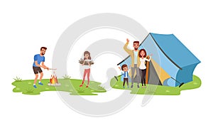 Cheerful People Characters Frying Marshmallow at Campfire and Putting Up Tent Laughing Vector Illustration Set