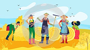 Cheerful people group character together harvest crop, modern farmer working agricultural field haymaking flat vector