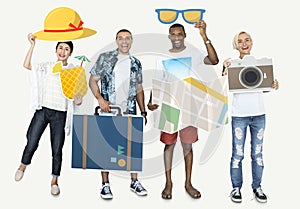 Cheerful people holding travel icons