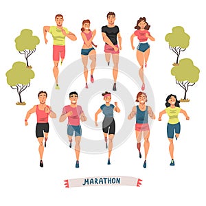 Cheerful People Running Marathon Set, Male and Female Athletes in Sports Uniform Running Outdoors Cartoon Vector