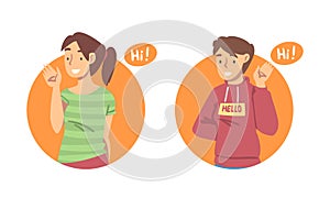 Cheerful people saying Hi set. Smiling teenage girl and boy doing greeting gesture cartoon vector illustration