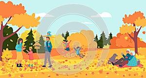 Cheerful people together healthy walk in autumn city park, resting lifestyle stroll orange tree garden flat vector