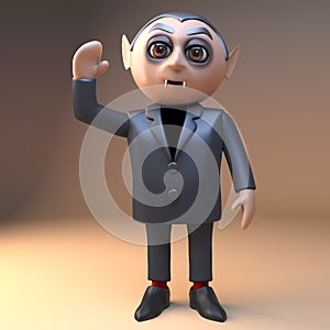 Cheerful and personable vampire dracula waves a friendly greeting, 3d illustration