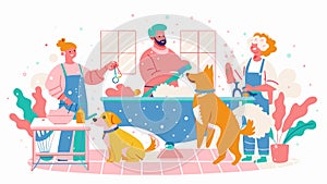 Cheerful Pet Groomers at Work in Colorful Salon with Playful Dogs