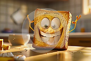 A cheerful piece of bread on the kitchen table with cartoon eyes daylight. for the butter sandwich design