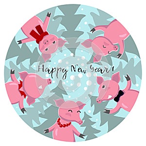 Cheerful pink pigs celebrate new 2019, Christmas walk under snow. Vector drawing in a circle