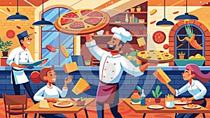 Cheerful Pizzeria Scene with Joyful Chef and Happy Staff Serving Pizza