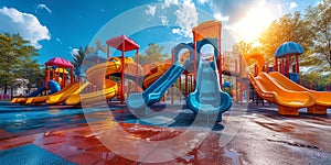 A cheerful playground with bright swings, slides and colorful gaming constructions, against a bright sunny d