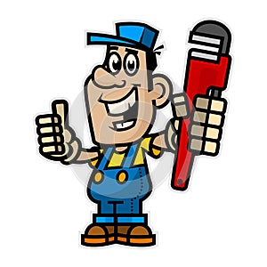 Cheerful plumber holding pipe wrench